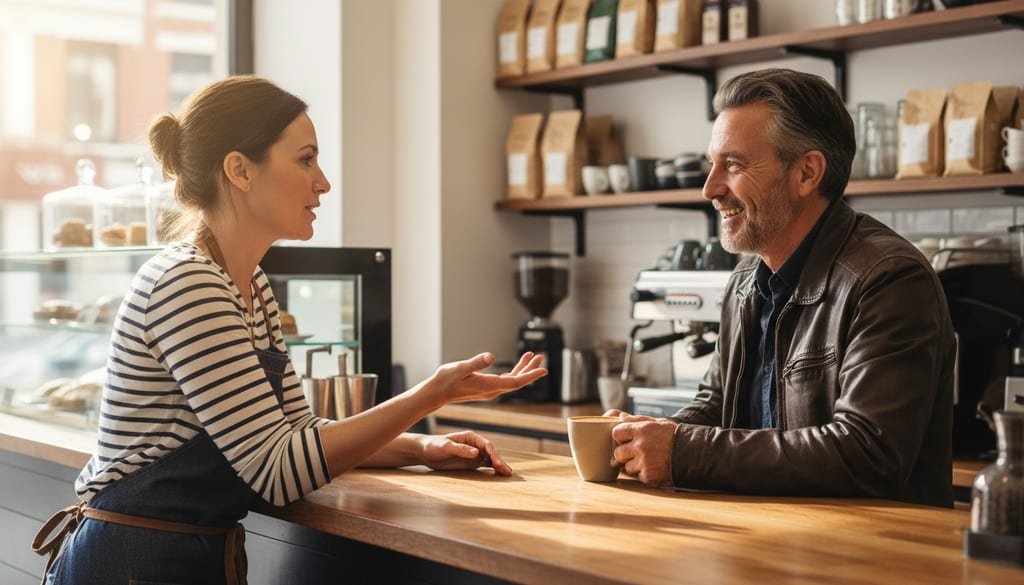 A café owner talks with a smiling customer who nods across the counter.