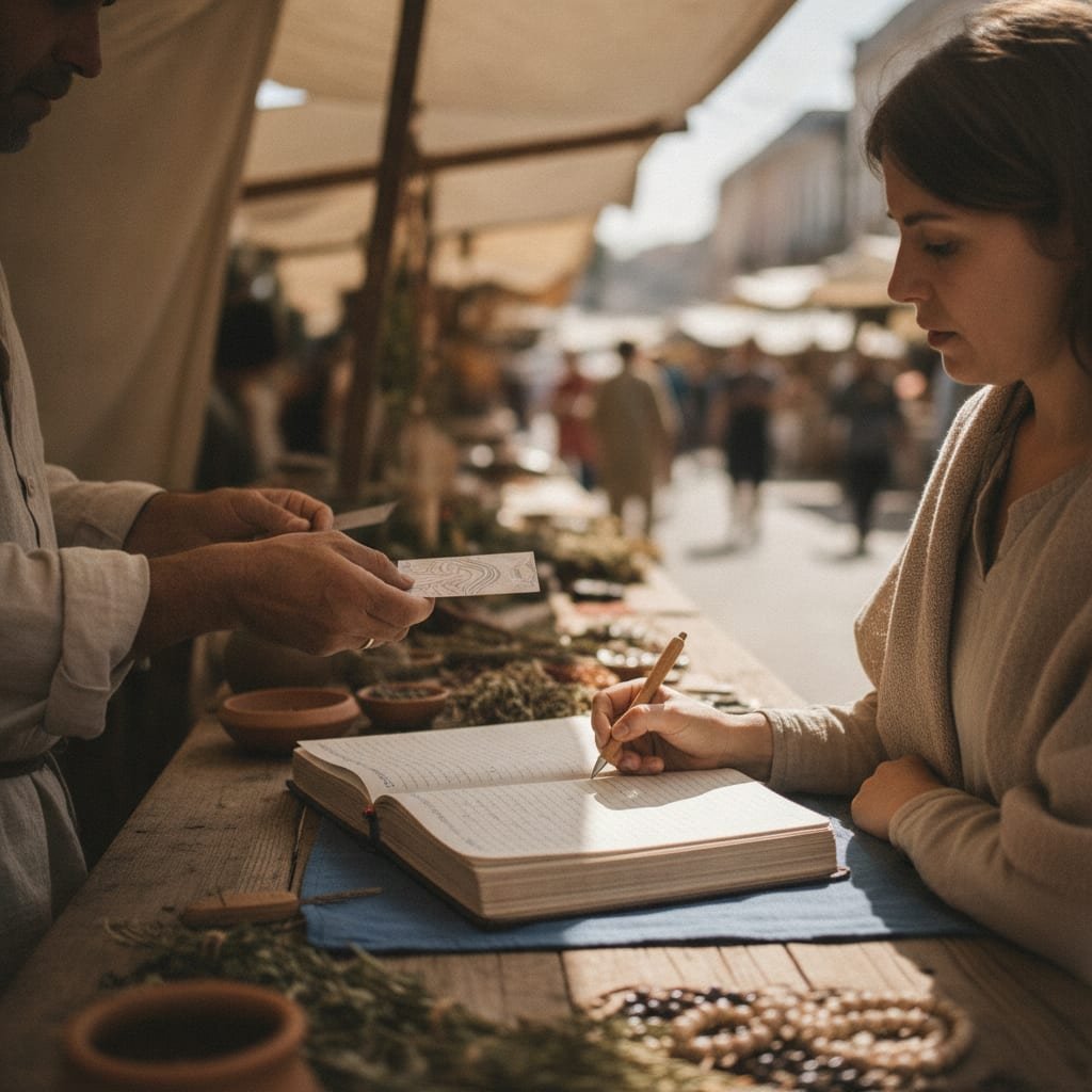 A customer at a market stall writing information into a cloth-bound ledger while the vendor looks on.