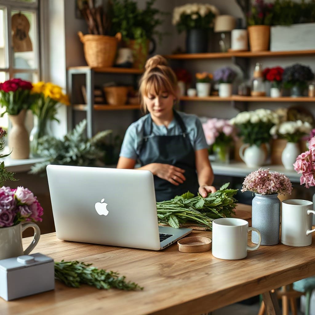 A florist arranges flowers at a workbench in a small shop's back room, with a closed laptop nearby.