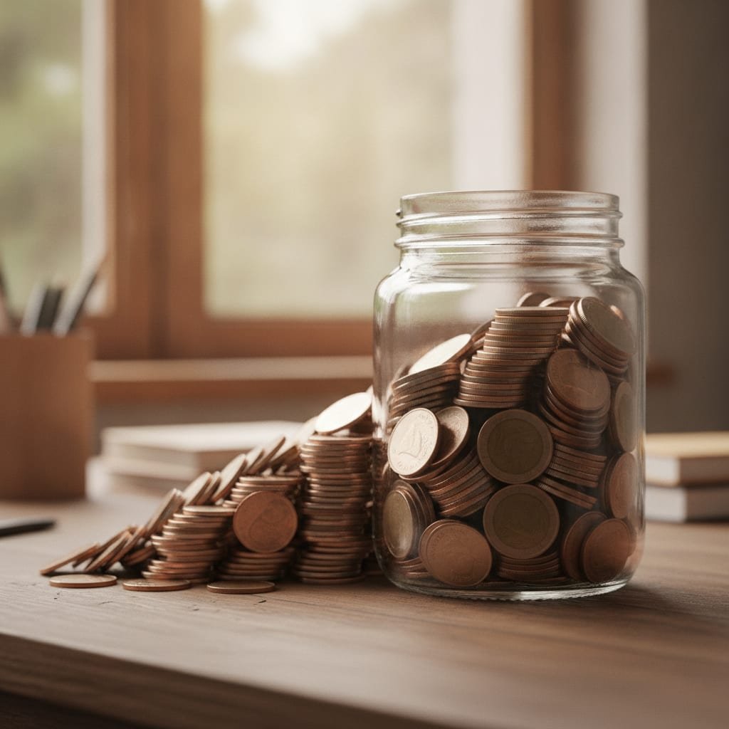 A glass jar filled with coins stacked progressively higher, sitting on a wooden desk.