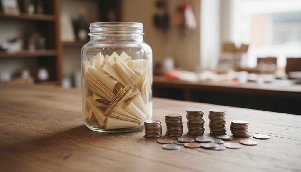 A glass jar filled with folded paper slips sitting on a shop counter beside a small stack of coins.