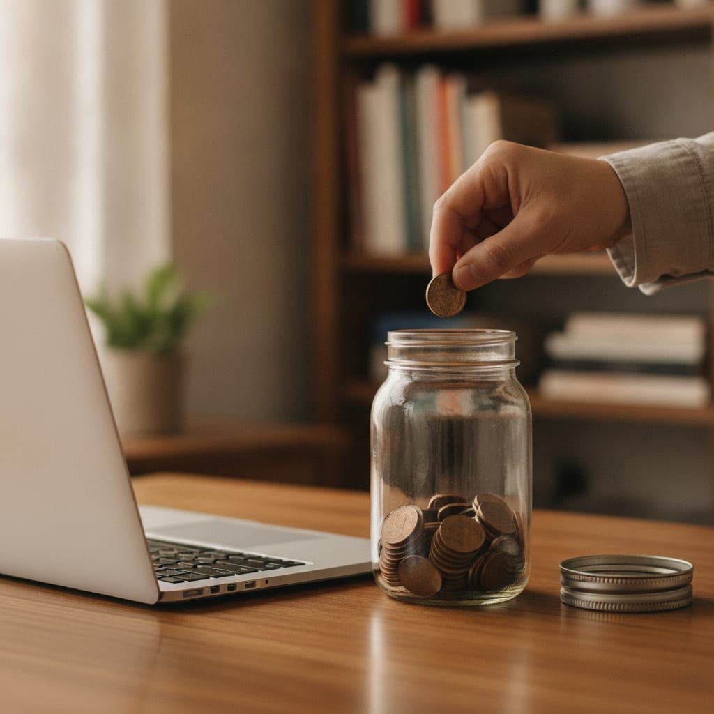 A hand dropping a coin into a glass jar beside a closed laptop.