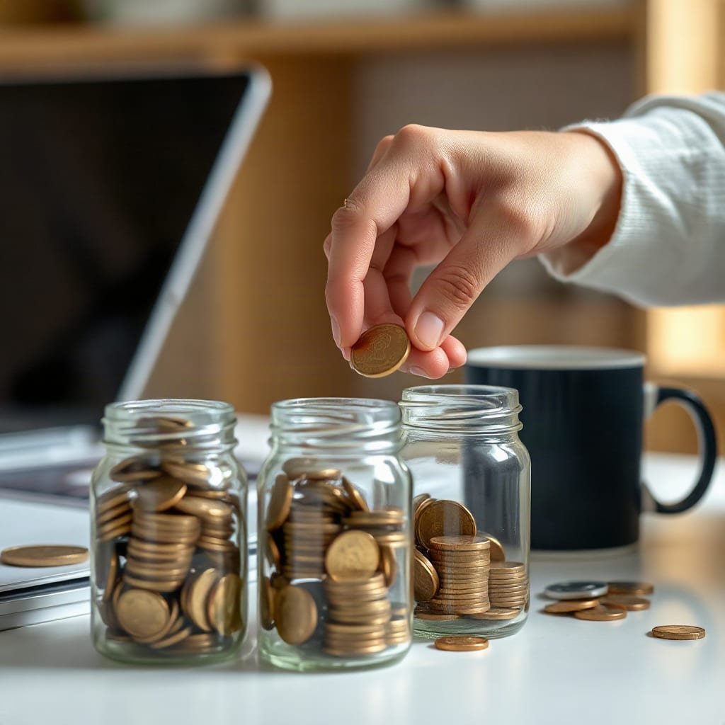 A hand dropping a coin into one of several small glass jars lined up on a counter.