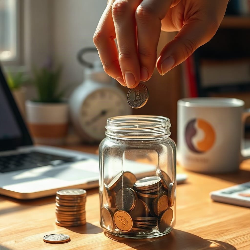 A hand drops a coin into a partly filled glass jar of coins on a desk.
