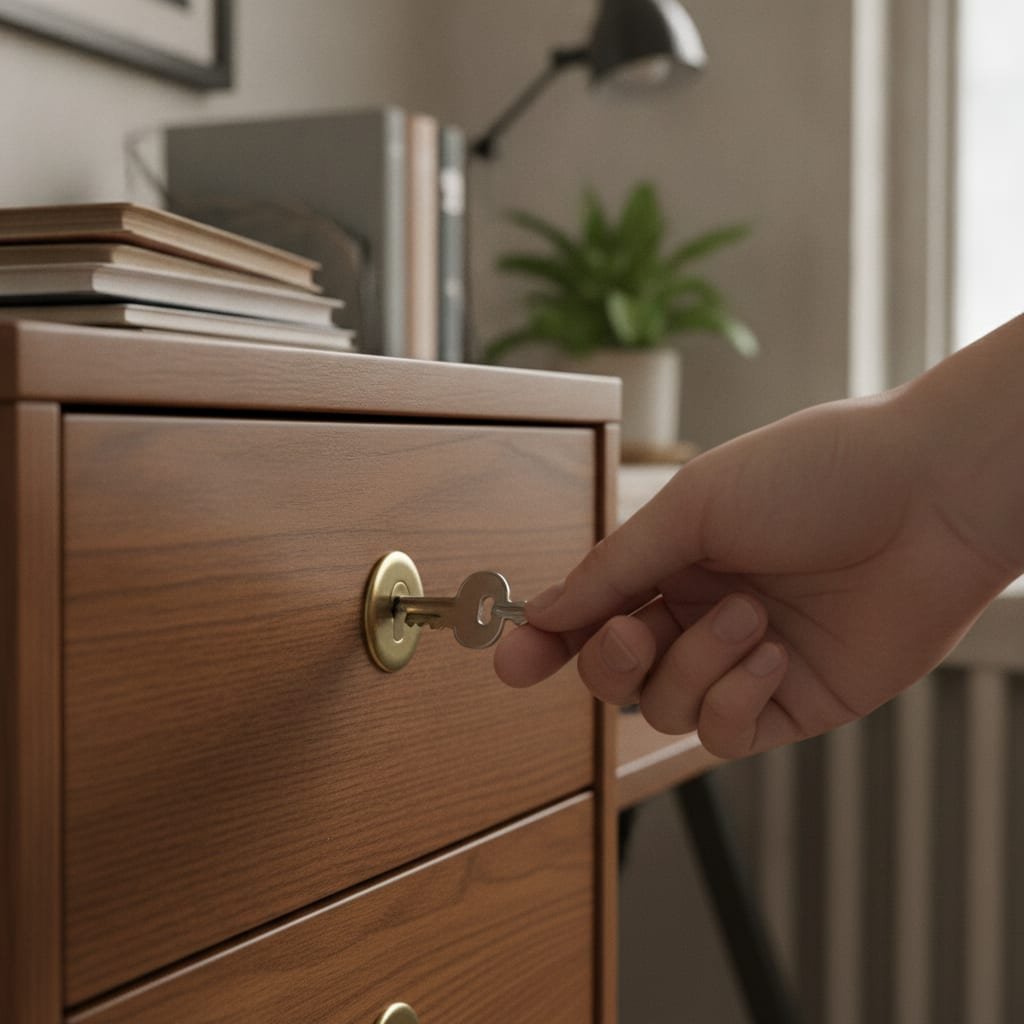 A hand inserting a key into the lock of a wooden filing cabinet drawer in an office setting.