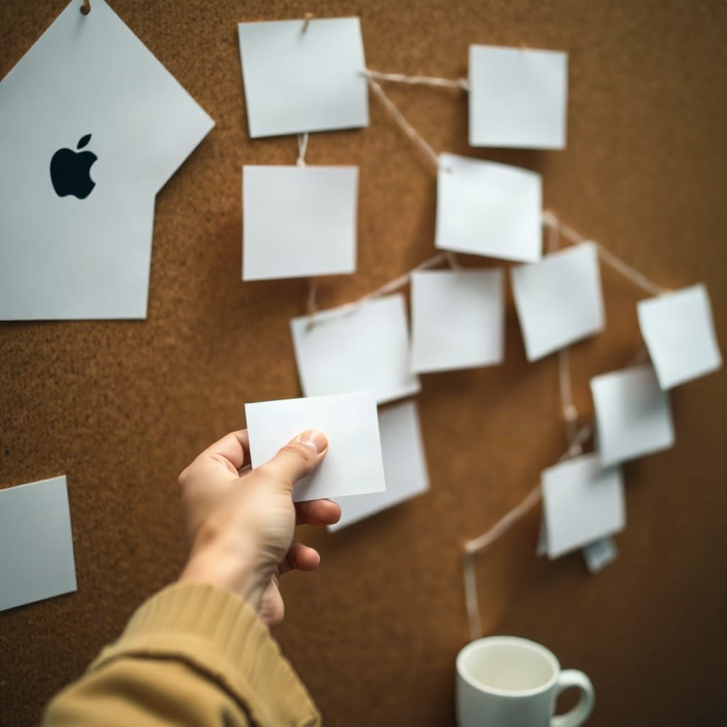 A hand pinning index cards connected by string into a branching layout on a corkboard.