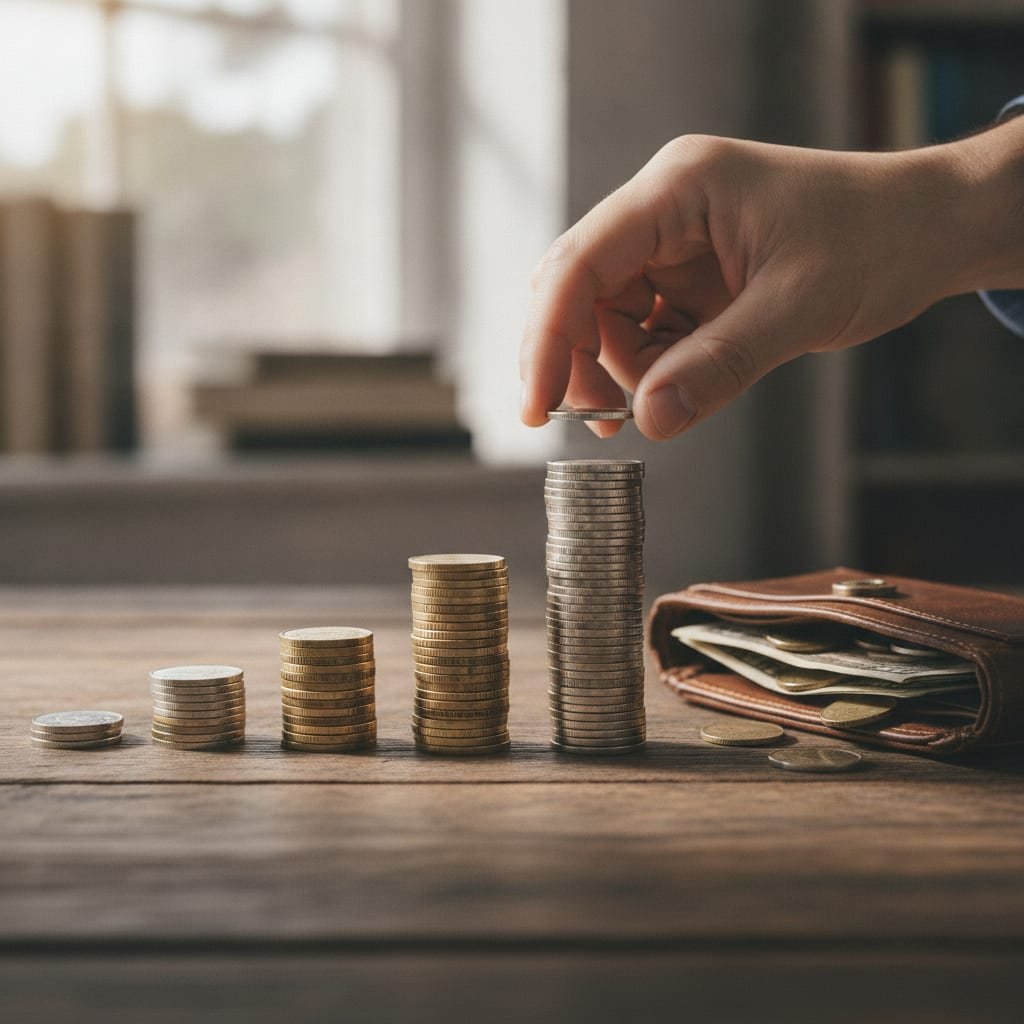 A hand places a coin on the tallest of several increasingly high coin stacks next to an open wallet on a desk.