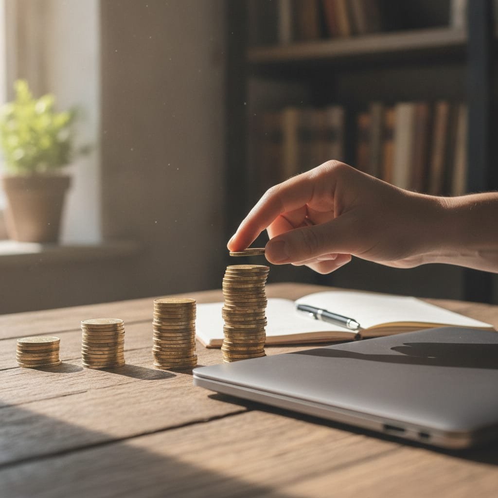 A hand stacking coins into growing piles beside a closed laptop.