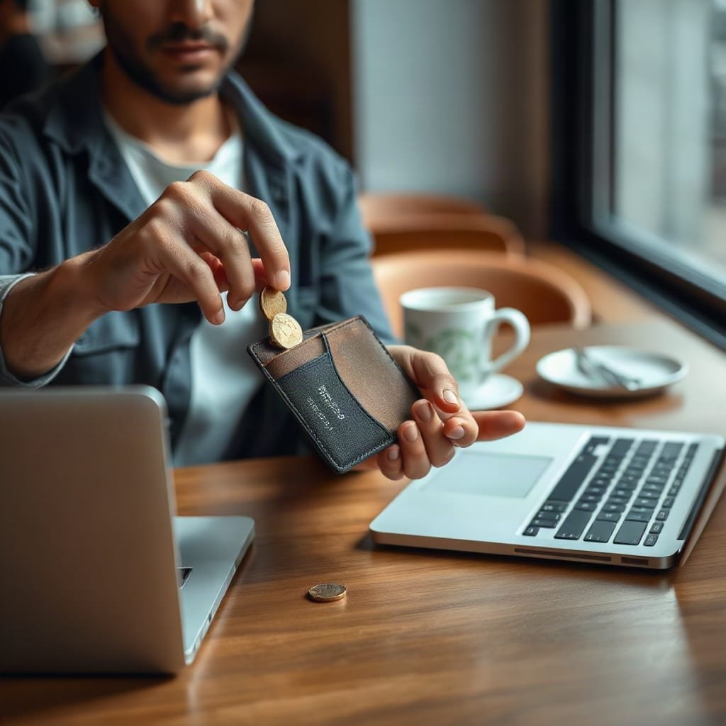 A person at a café table counting coins from an open leather wallet into their hand.