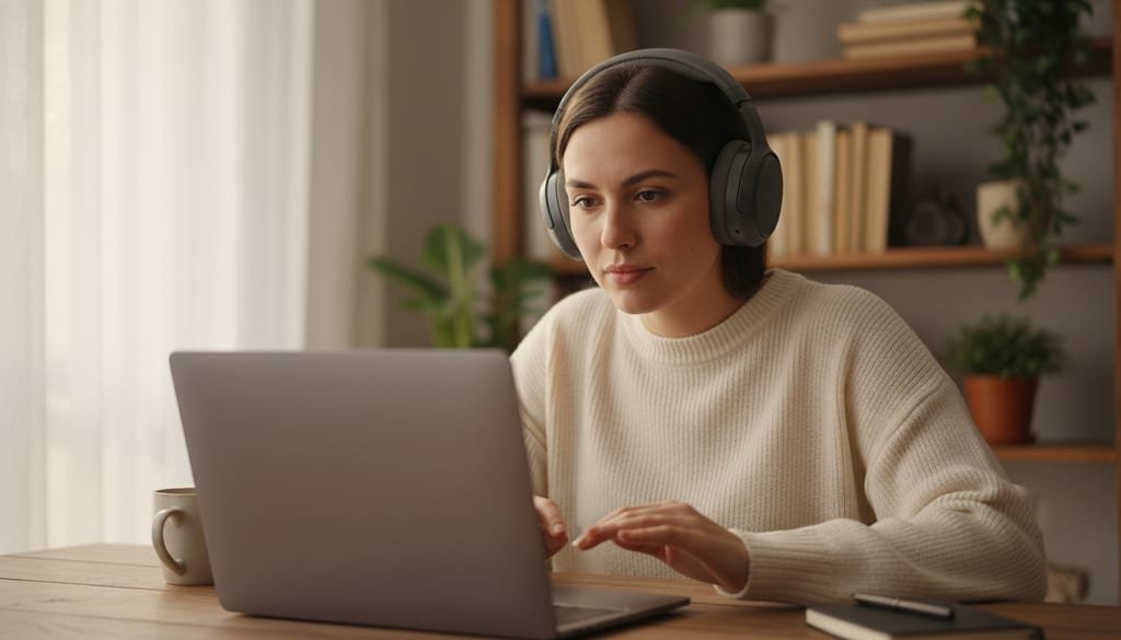 A person in headphones listens closely while working at a laptop seen from behind.