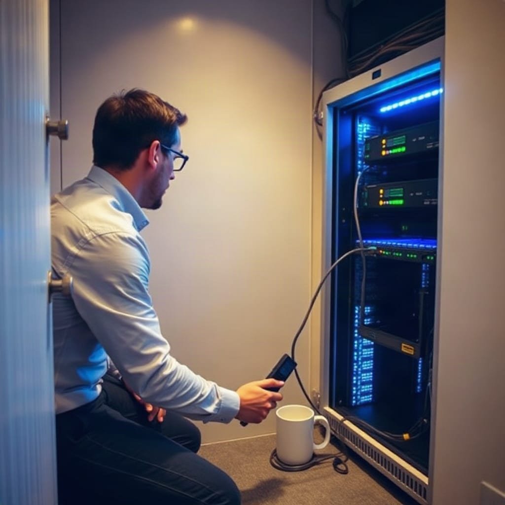 A person plugging a cable into a small server rack inside an office closet.