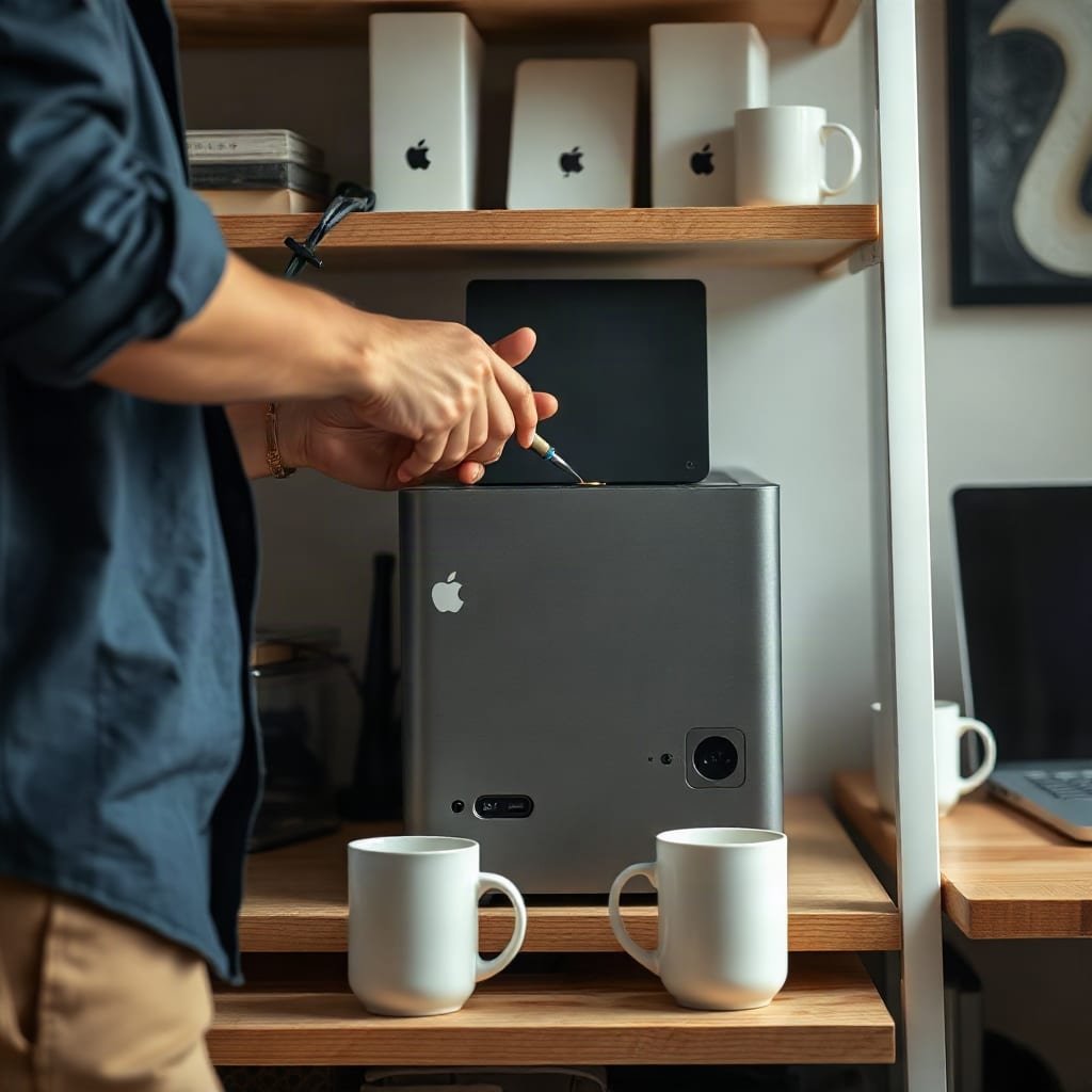A person tightening a panel on a small server box on an office shelf with a screwdriver.