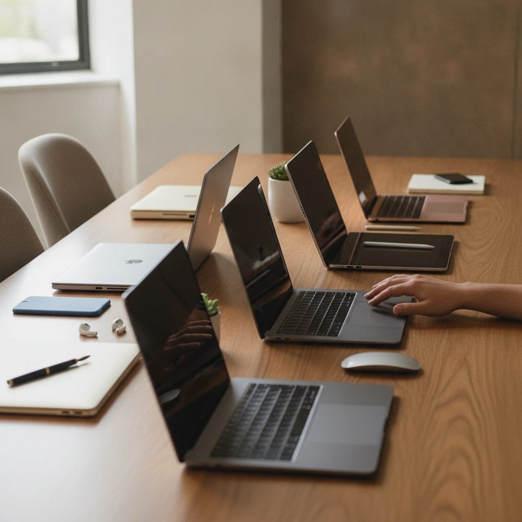 A row of closed laptops and tablets on a table with a person reaching toward the middle device.