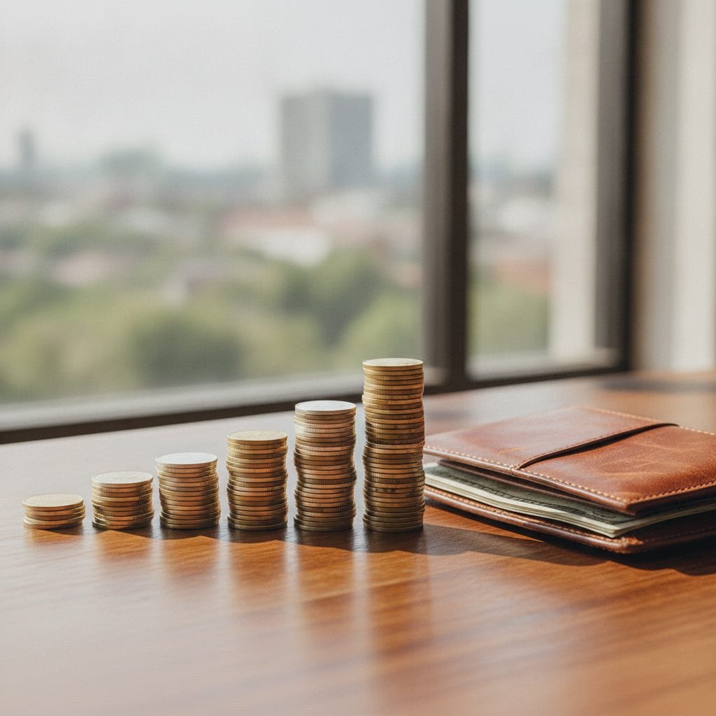 A row of coin stacks growing taller from left to right beside an open leather wallet on a desk.