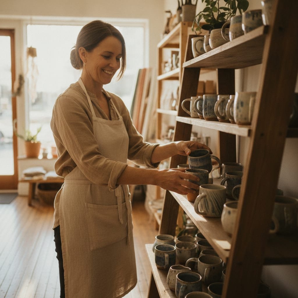 A shop owner placing handmade ceramic mugs on a wooden shelf in a small store.