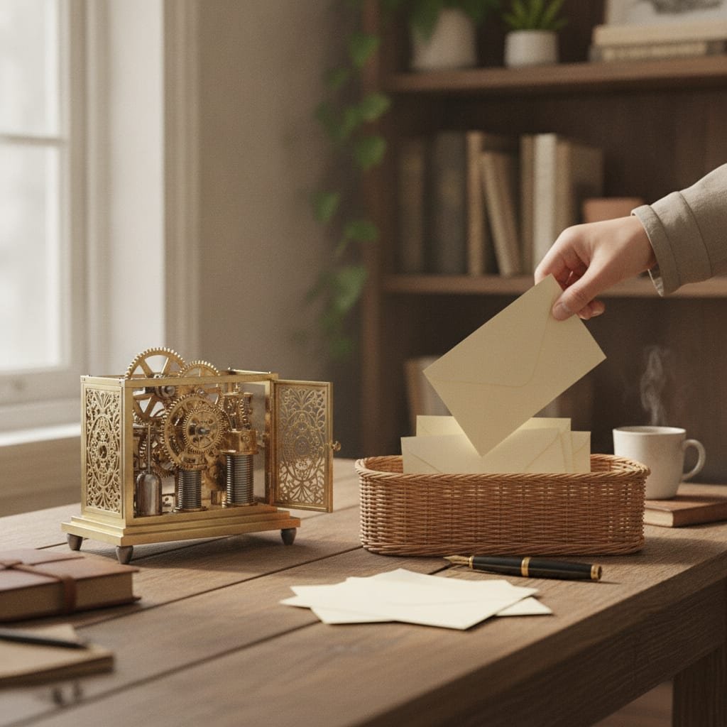 A small mechanical gear toy with visible clockwork sits beside a tray where an envelope is being placed.