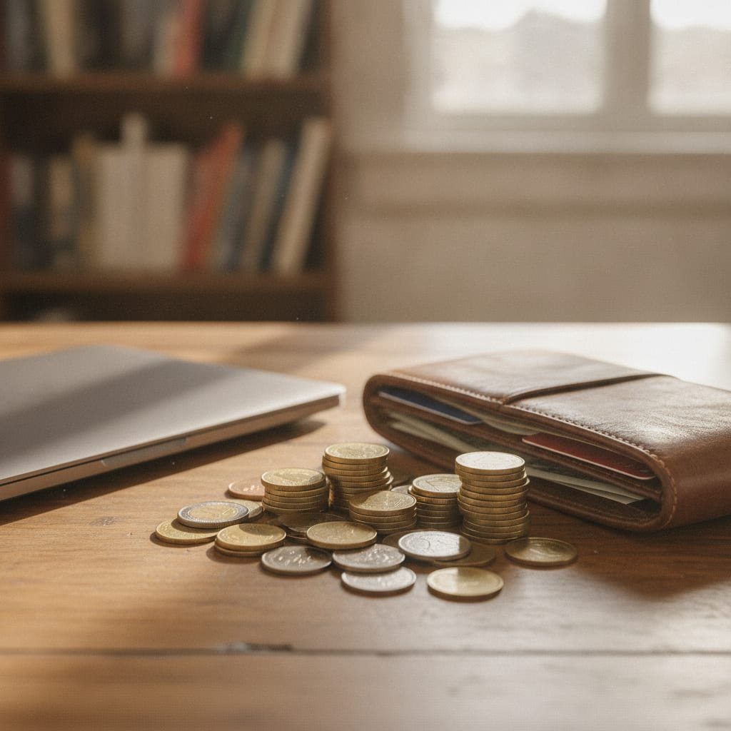 A stack of coins and an open leather wallet on a desk next to a closed laptop.