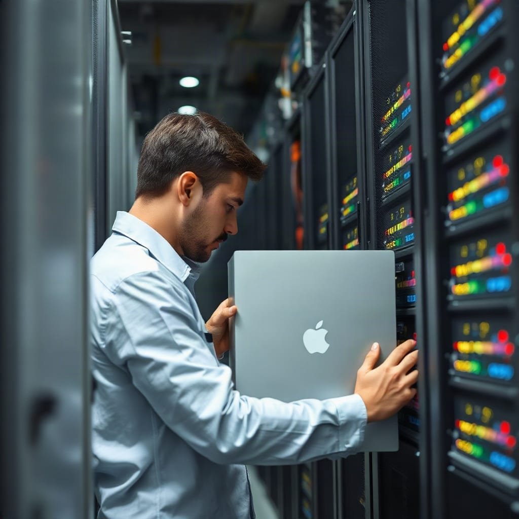 A technician installs a server into a rack in a data centre aisle.