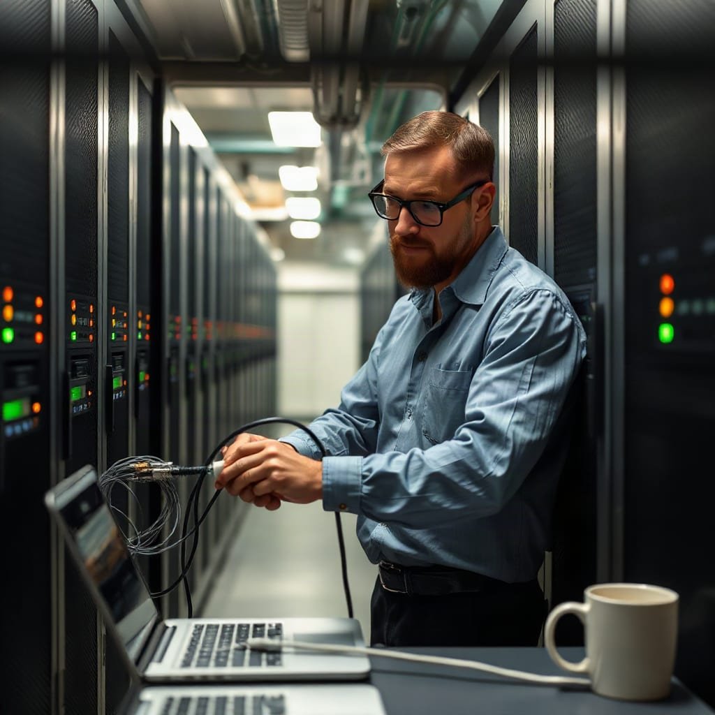 A technician plugs a network cable into a server rack in a data center aisle.