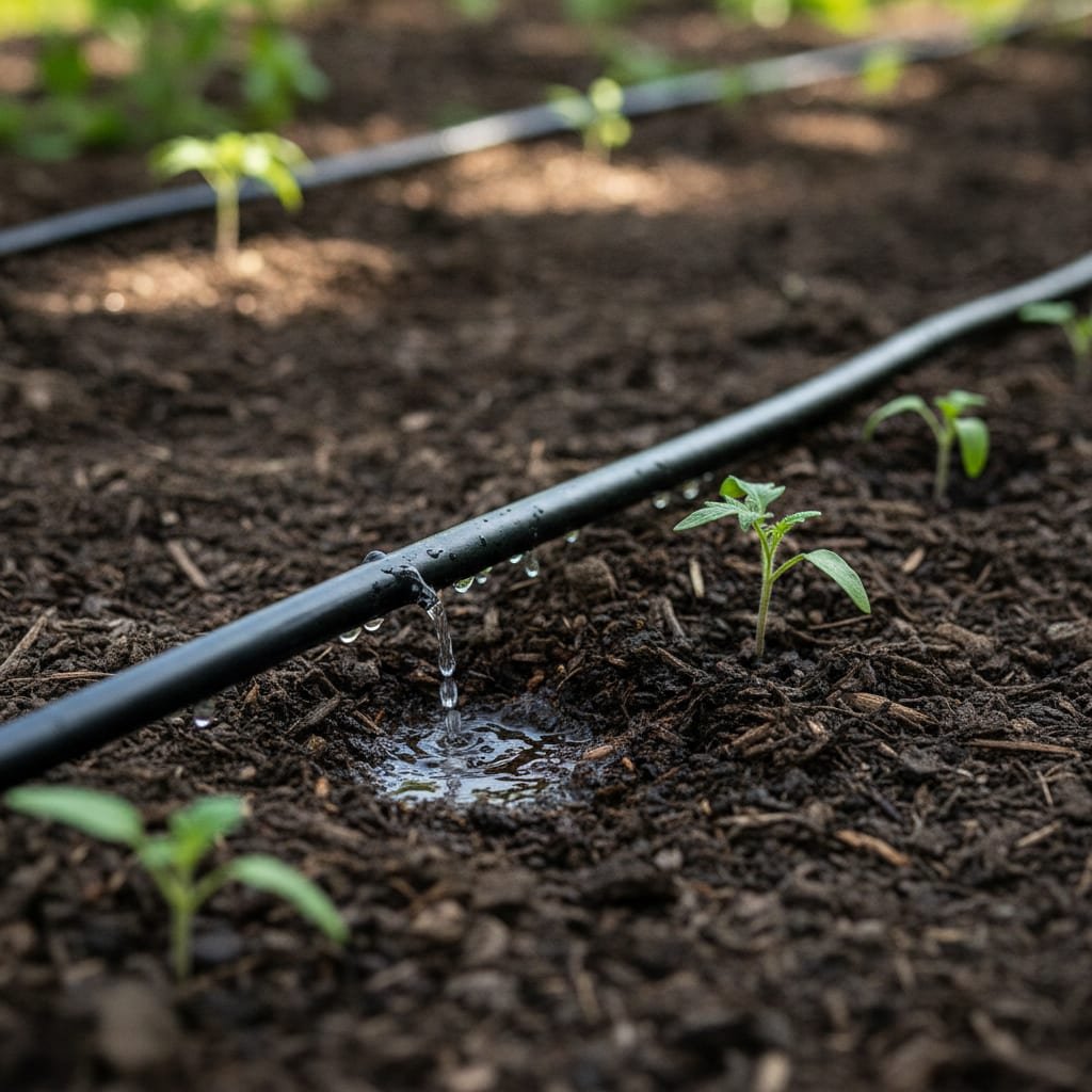 Close-up of a drip irrigation hose releasing drops of water onto soil beside young green seedlings.