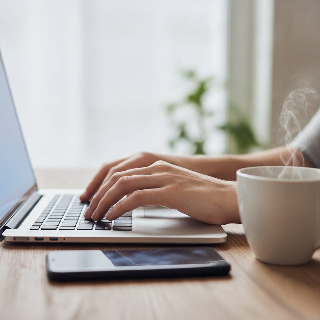 Close-up of hands typing on a laptop keyboard next to a face-down smartphone and a cup of coffee on a desk.
