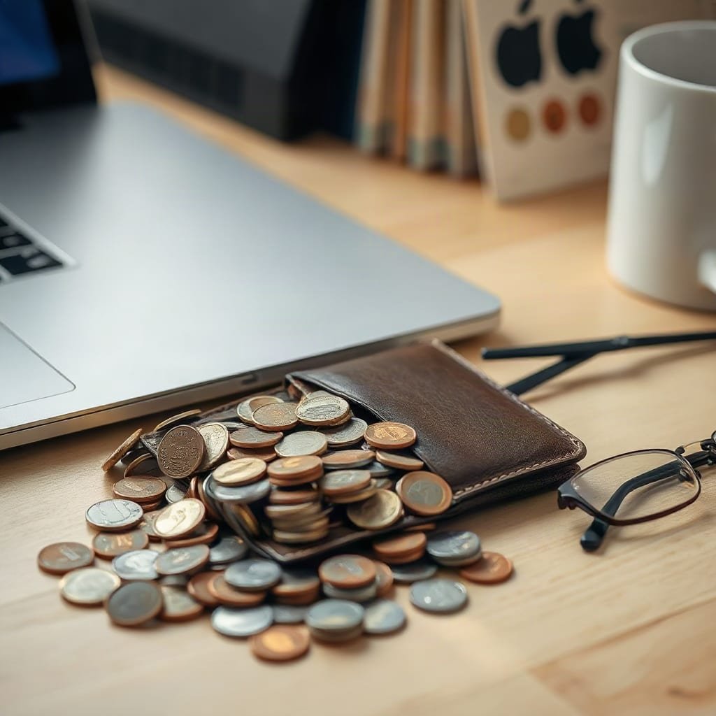 Coins spilling from an open leather wallet next to a closed laptop and reading glasses on a desk.