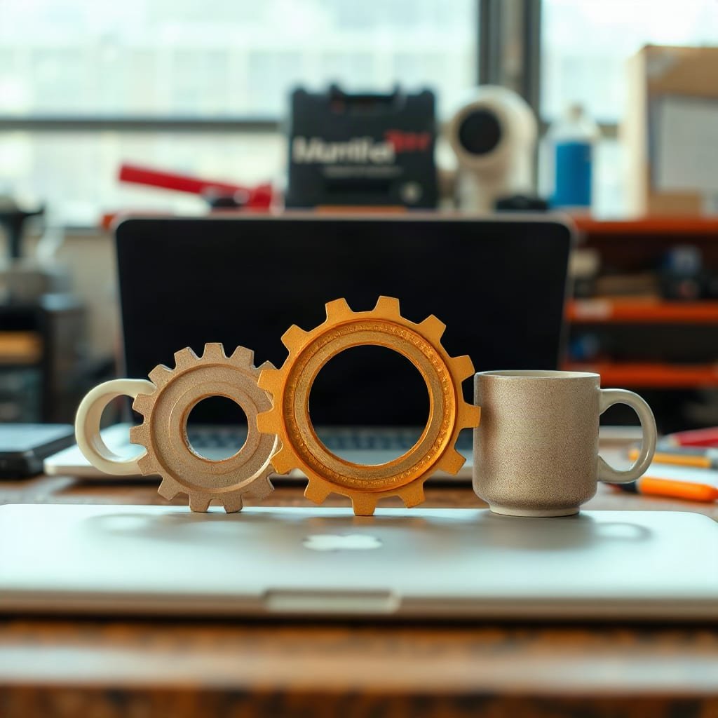 Four interlocking metal gears of varying sizes resting on a workbench.