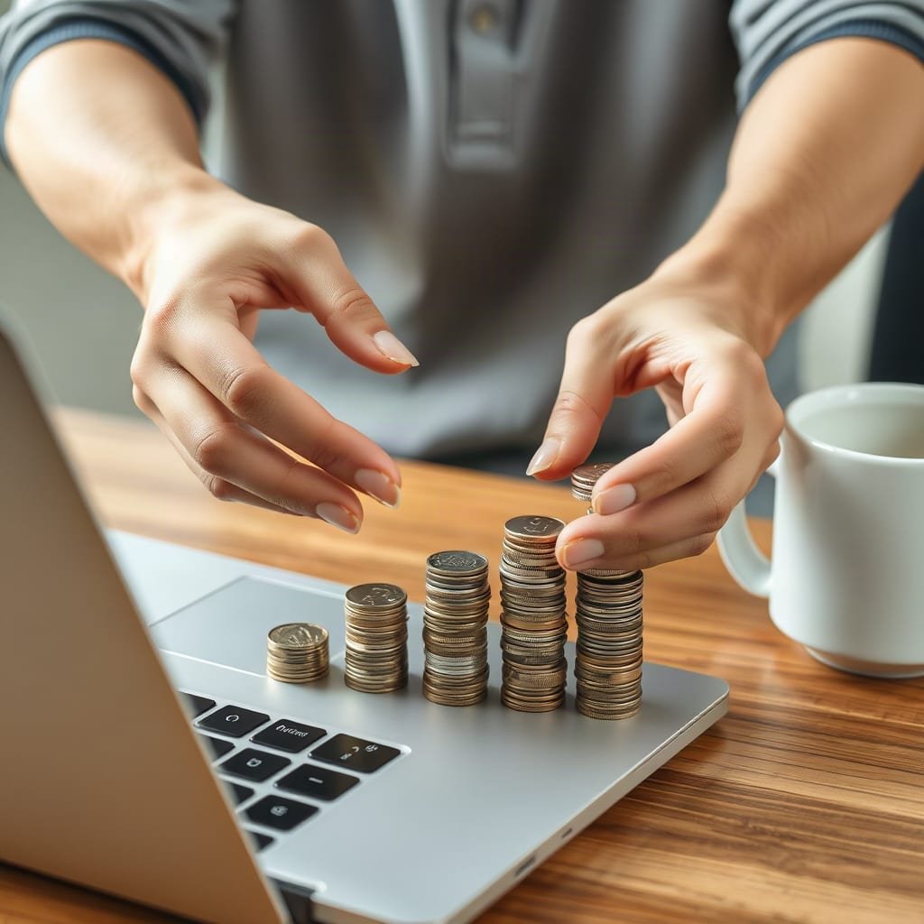 Hands arrange stacks of coins of rising height on a desk next to a closed laptop.