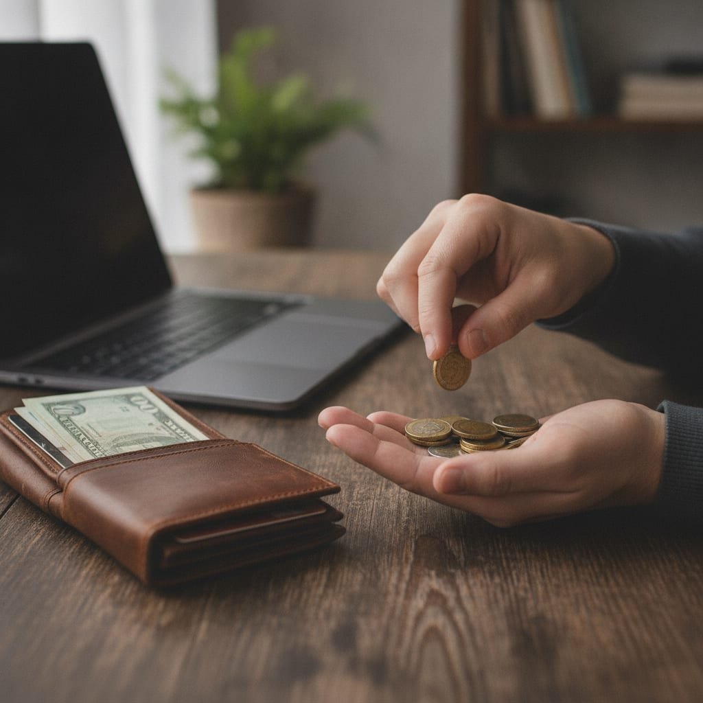 Hands counting a small stack of coins beside an open leather wallet and a closed laptop on a desk.