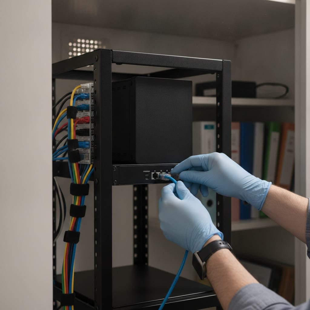 Hands plug a network cable into a compact server in a small rack in an office closet.