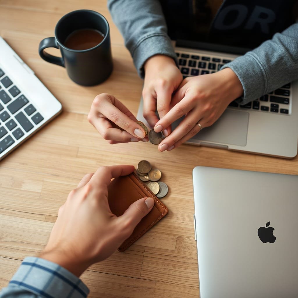 Hands stacking coins next to an open leather wallet on a wooden desk.