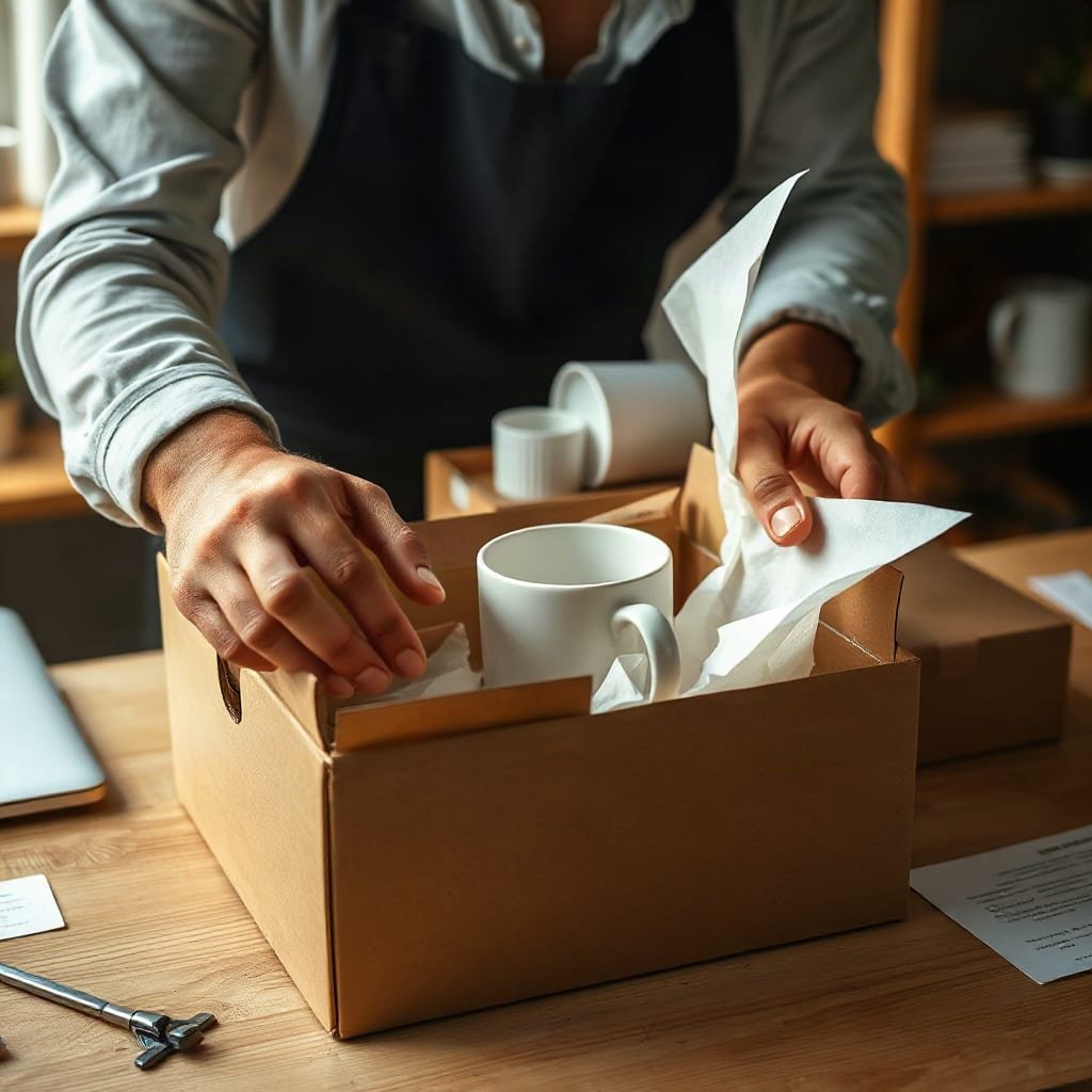 Hands wrapping a ceramic mug in tissue paper and placing it in a plain box on a studio workbench.