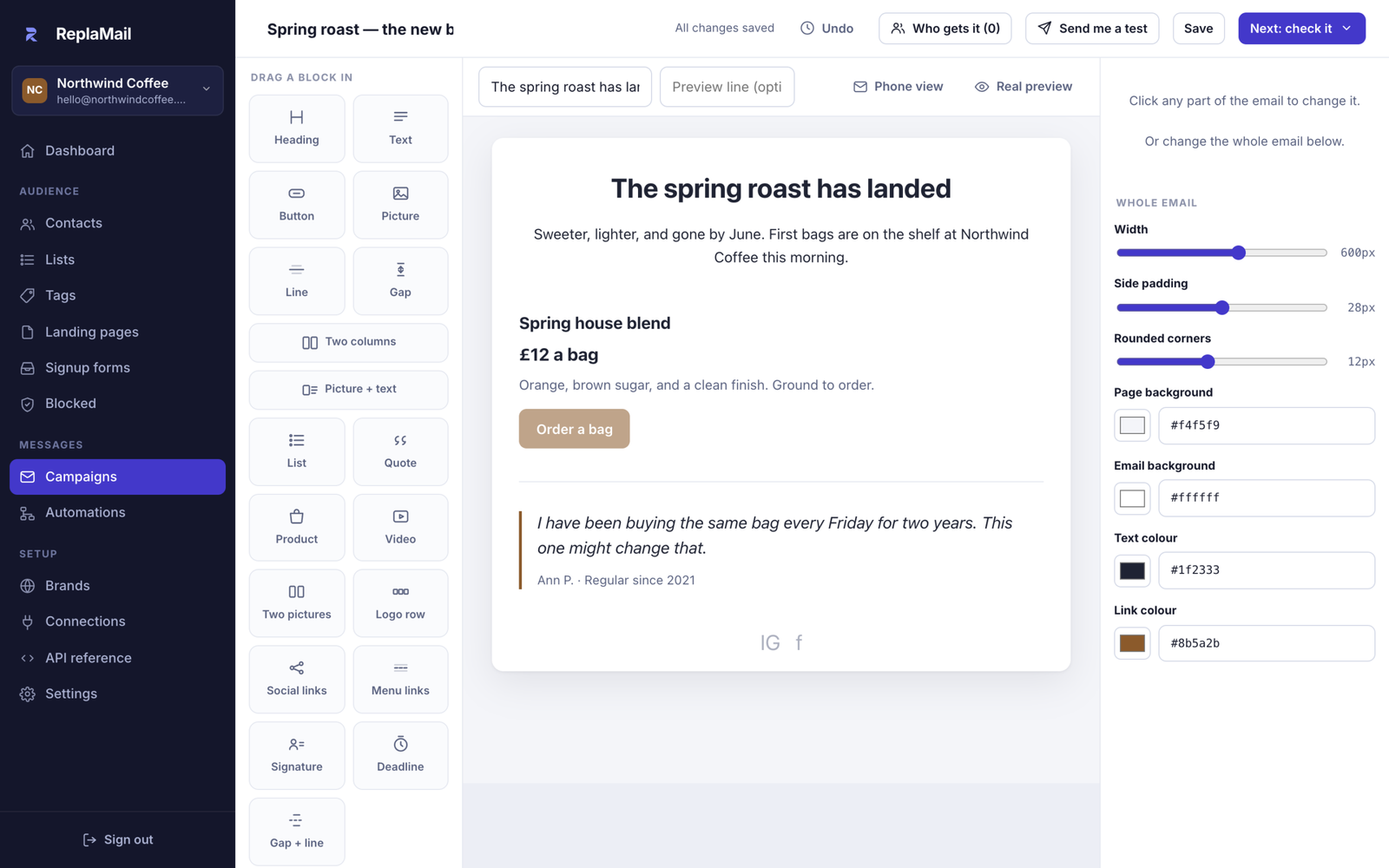 The ReplaMail drag-and-drop email designer: a block palette on the left, the email in the middle, and its settings on the right