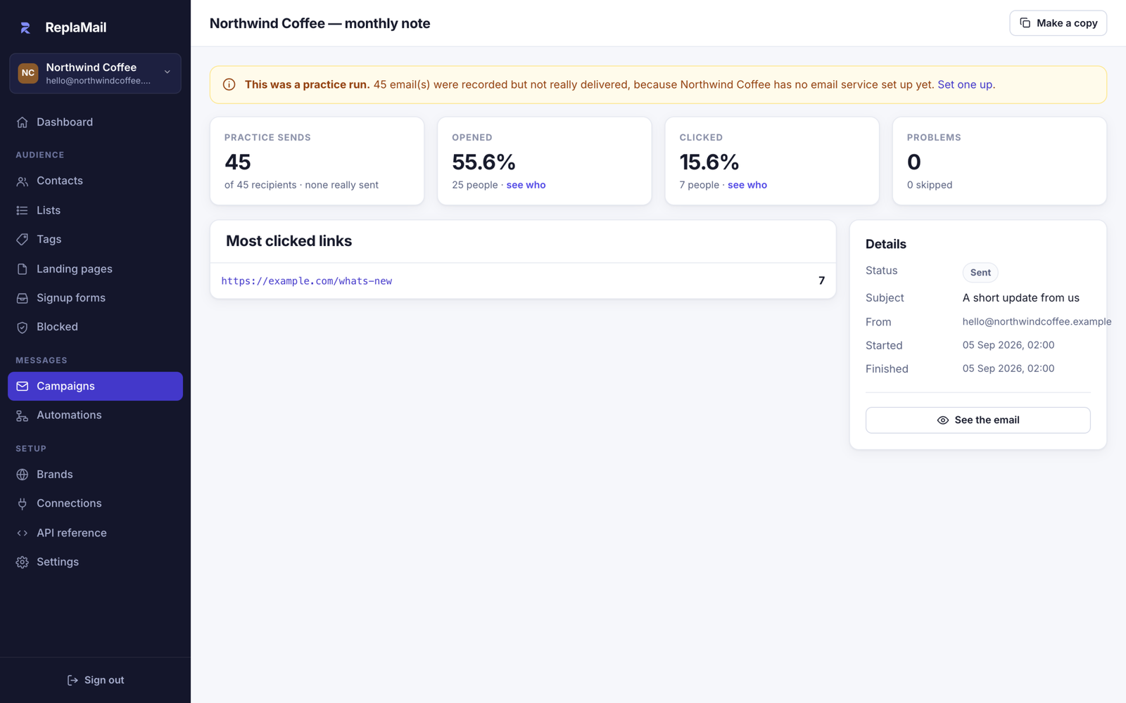 A ReplaMail campaign report: sends, opens, clicks and the most clicked links