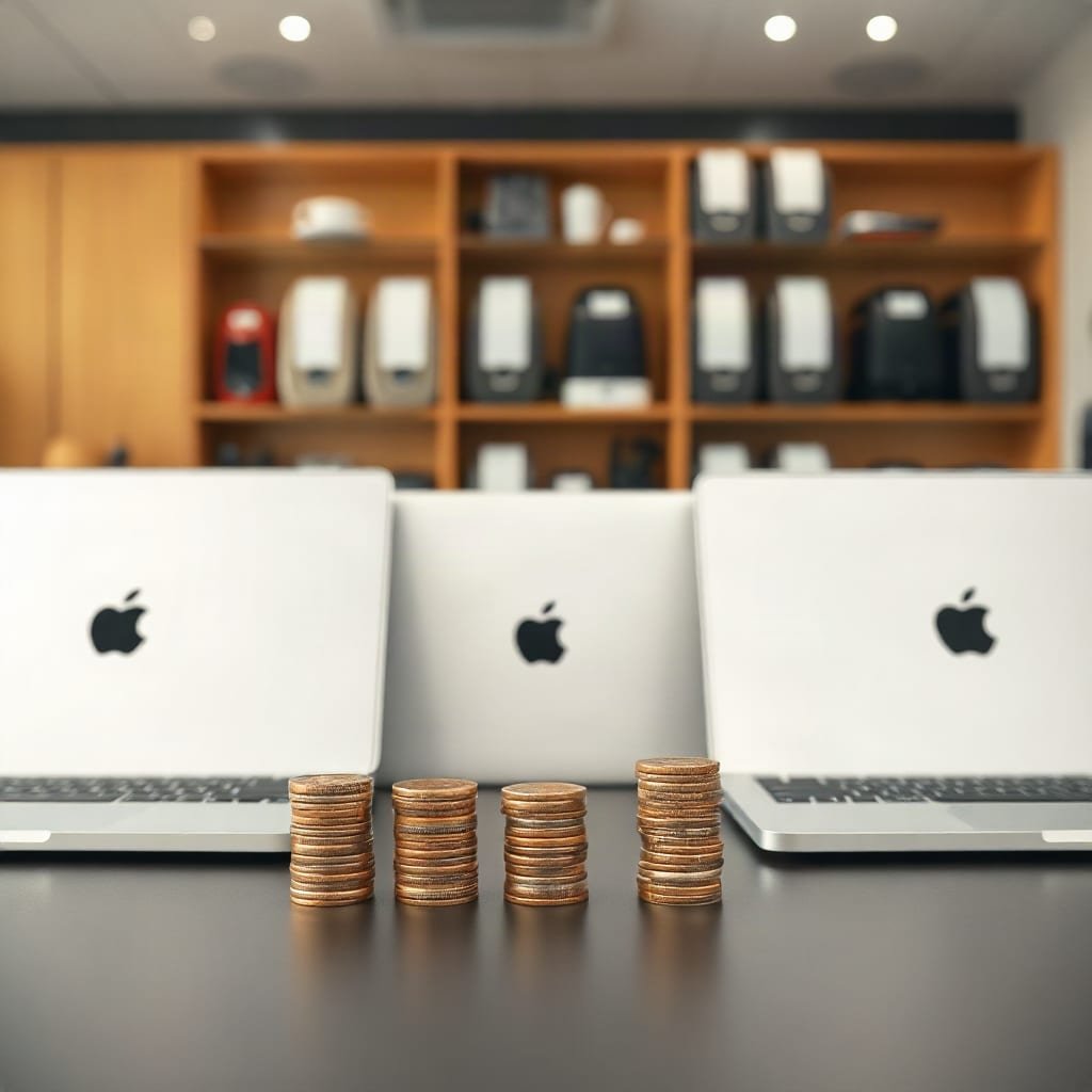 Three closed laptops in a row on a desk, each with a stack of coins in front that gets taller from left to right.
