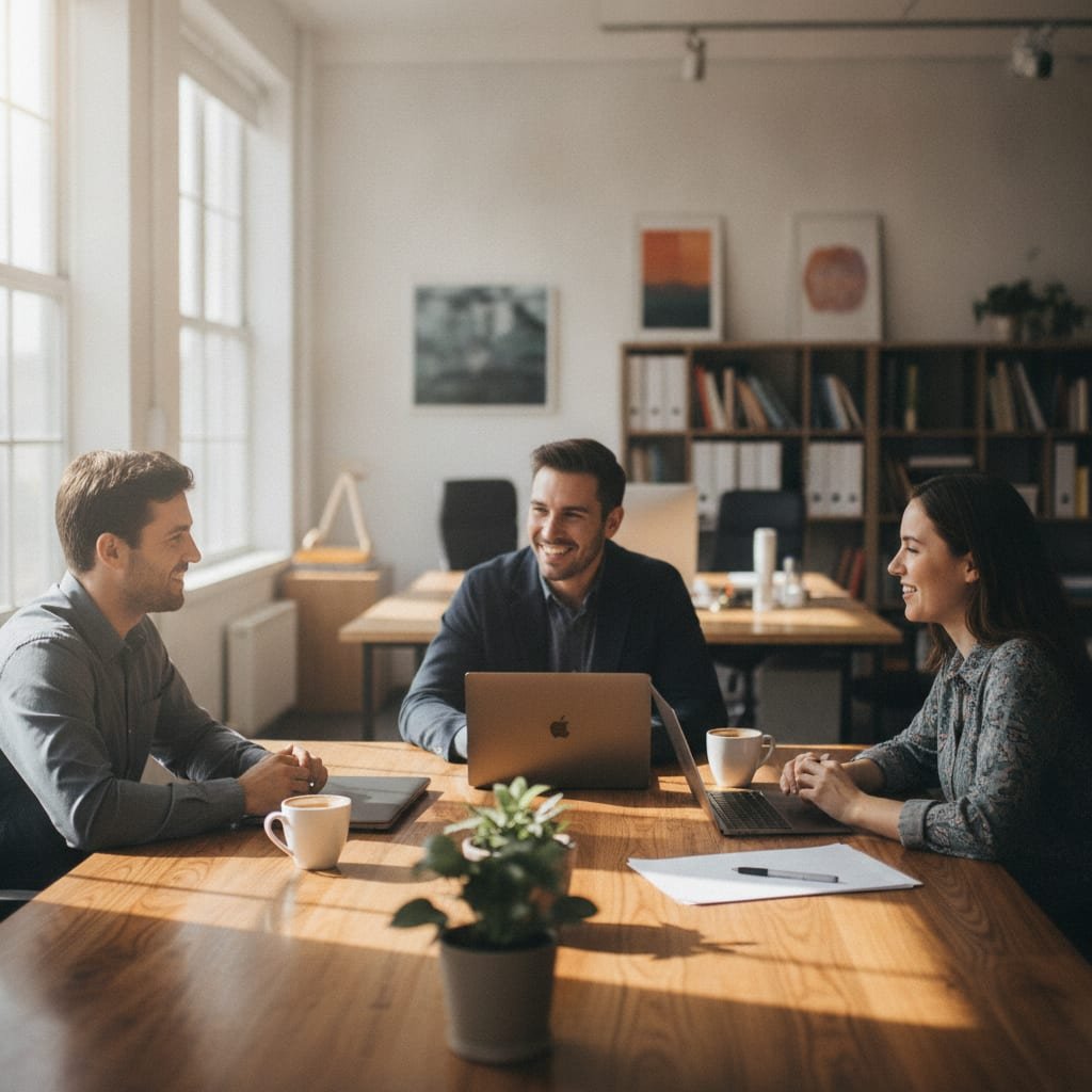Three colleagues in conversation around a meeting table with closed laptops and coffee cups in a bright office.