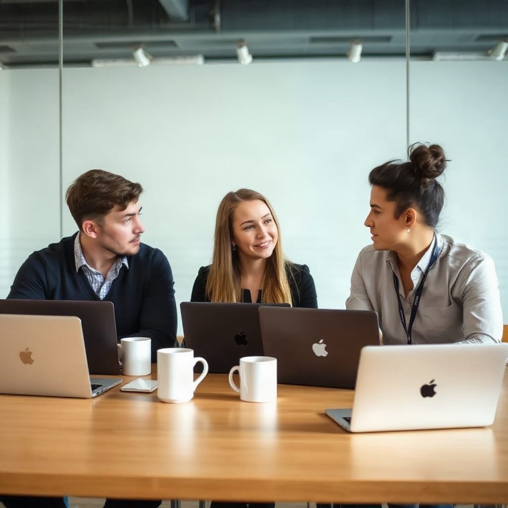 Three colleagues talk around a meeting table with coffee mugs and a closed laptop.