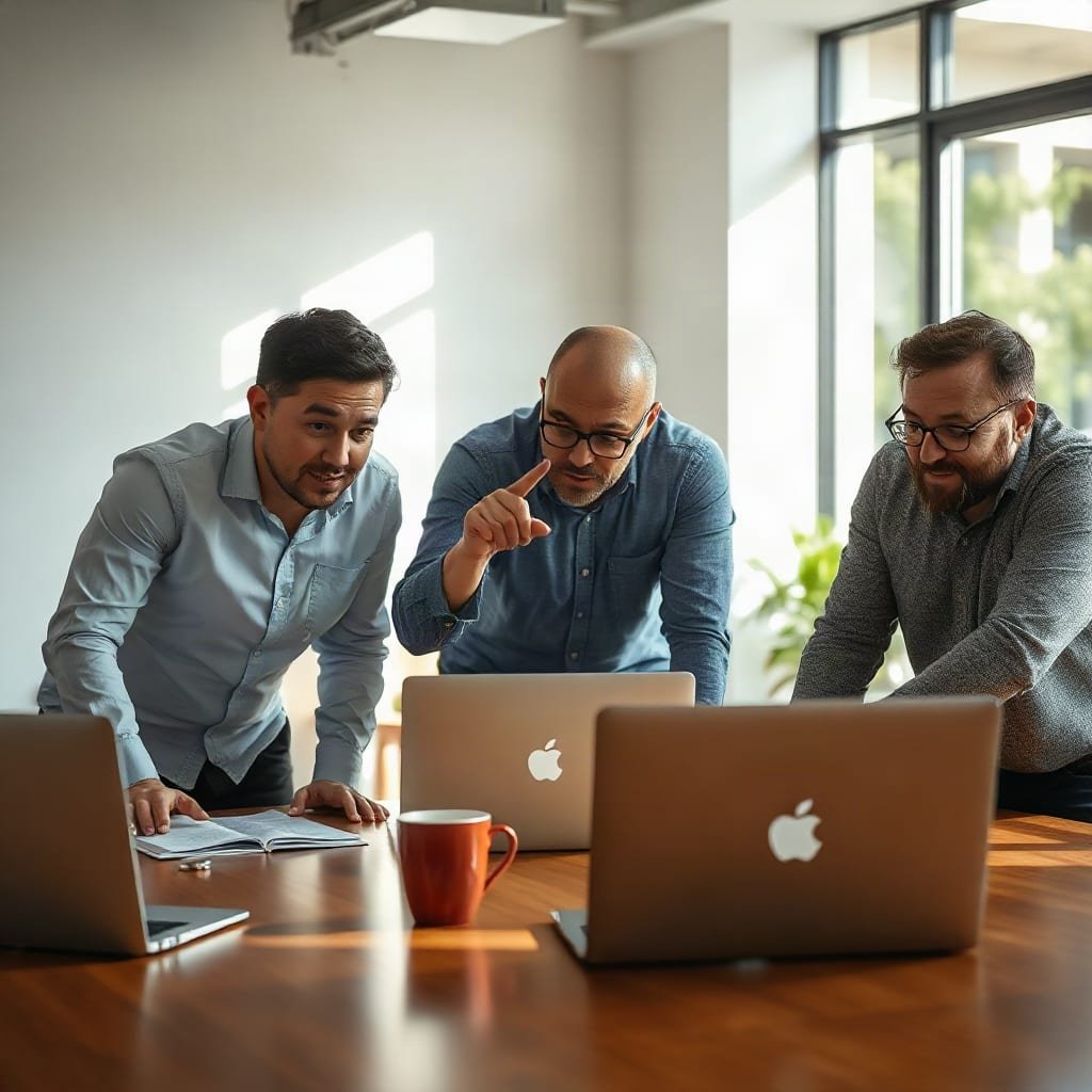 Three marketers gather around a meeting table as one points and explains while the others listen.