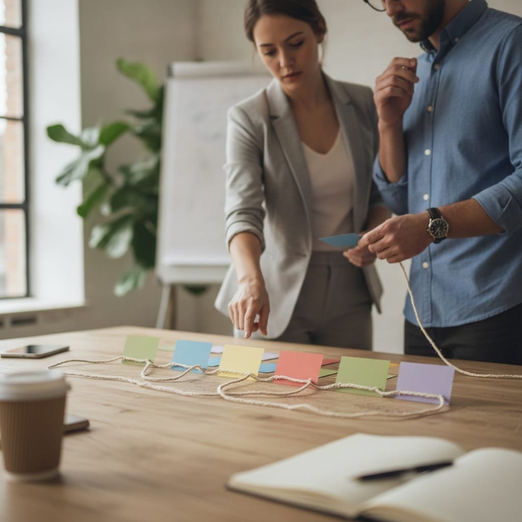 Two colleagues arrange a row of blank colored cards linked by string across a table.