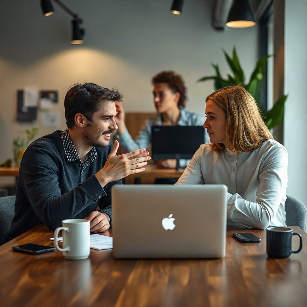 Two colleagues talk across a table in an office, with the back of a laptop facing the camera.