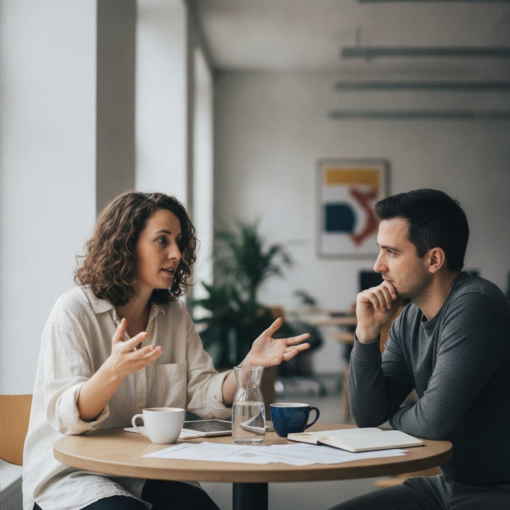 Two colleagues talking across a small meeting table, one gesturing while the other listens, with coffee cups on the table.
