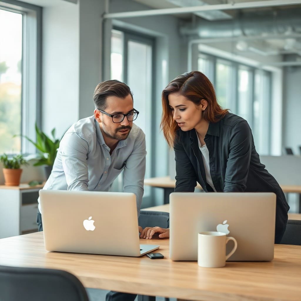 Two coworkers in focused discussion at a small table in a bright office.