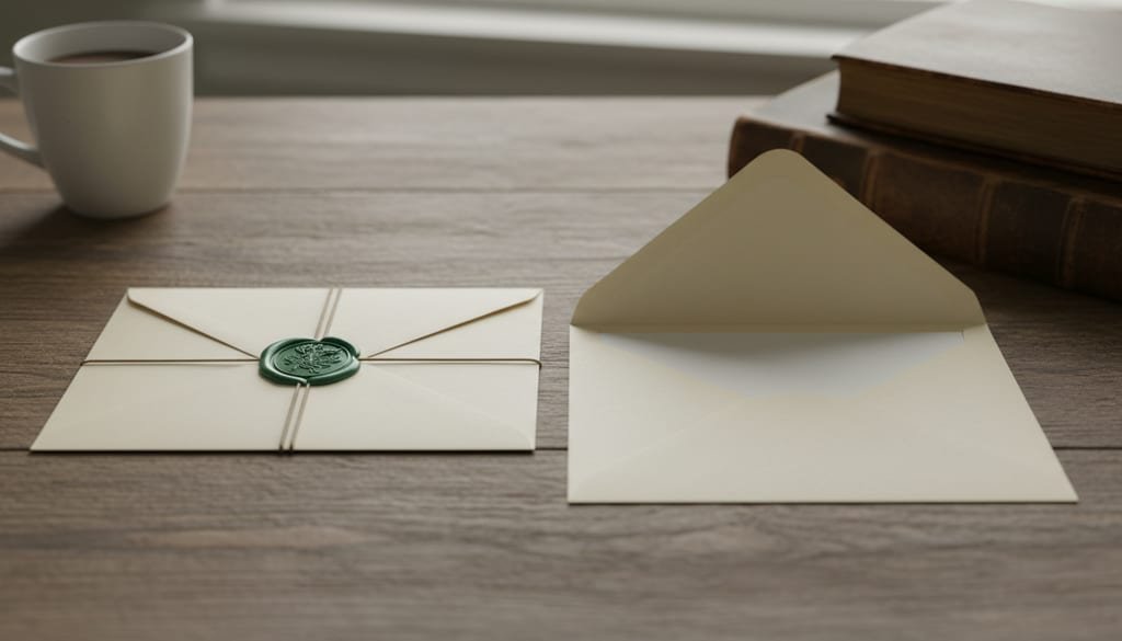 Two envelopes on a table, one sealed and one open, placed side by side for comparison.