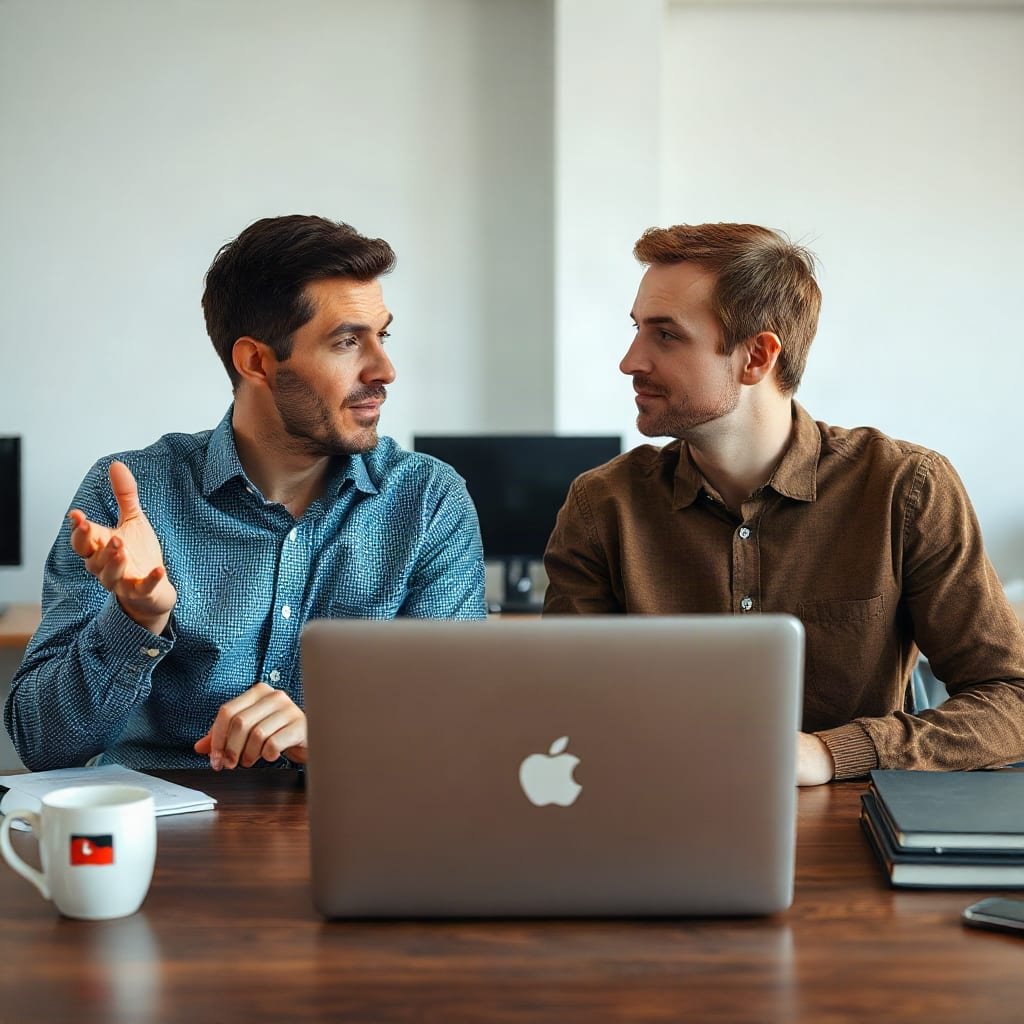 Two marketers talk through a plan at a shared desk, with the back of a laptop facing the viewer.