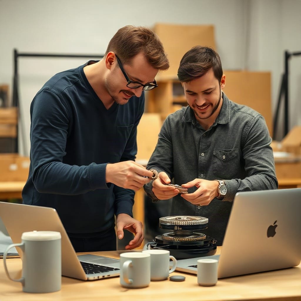 Two people at a workbench, one passing metal gears to the other, who fits them into an open machine.