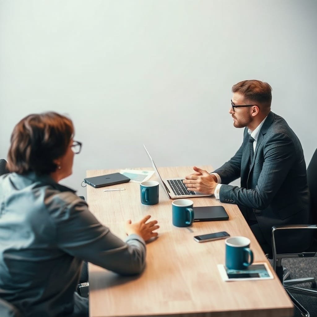 Two professionals talk seriously across a small conference table in a quiet office.