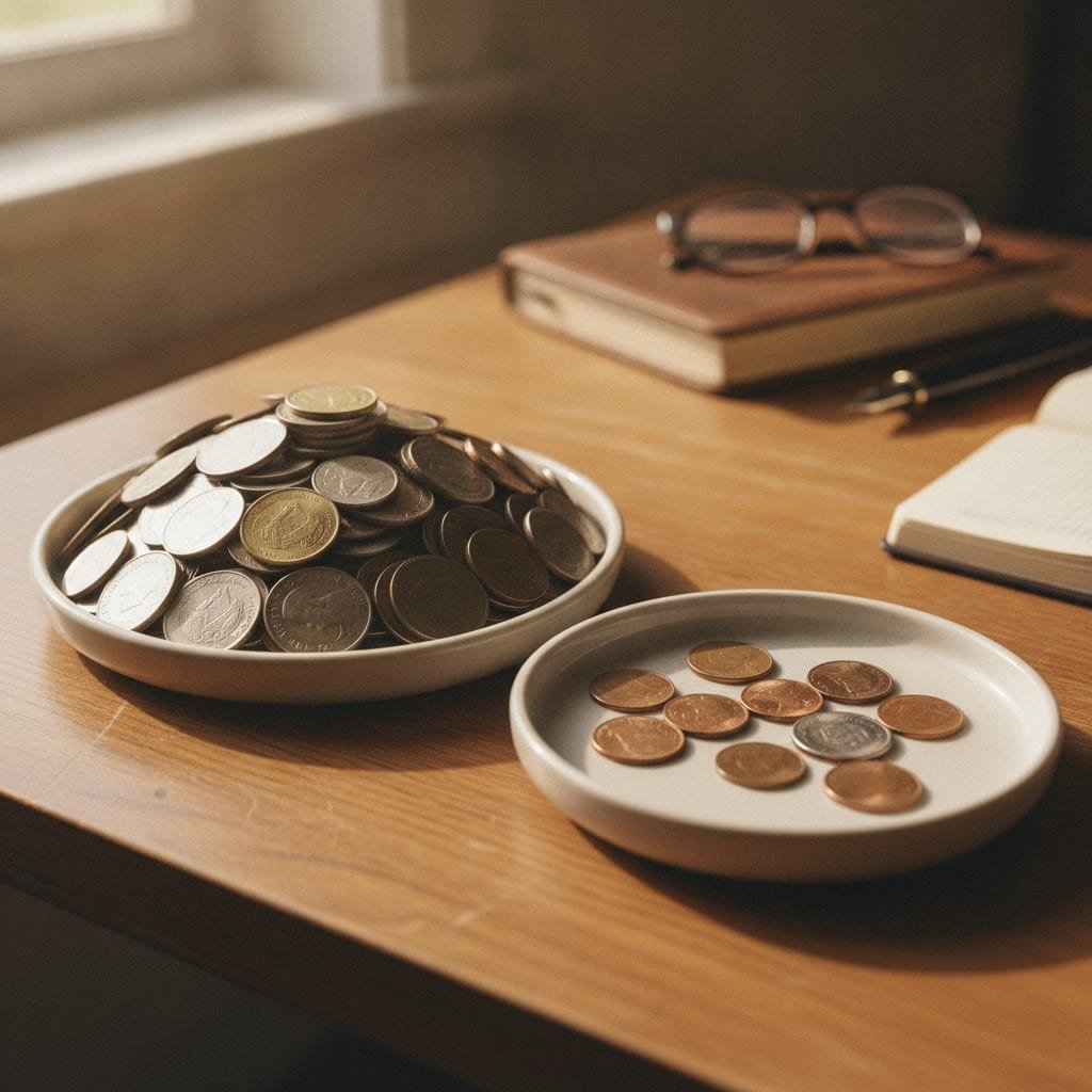 Two separate piles of coins of different sizes sitting on a wooden desk.